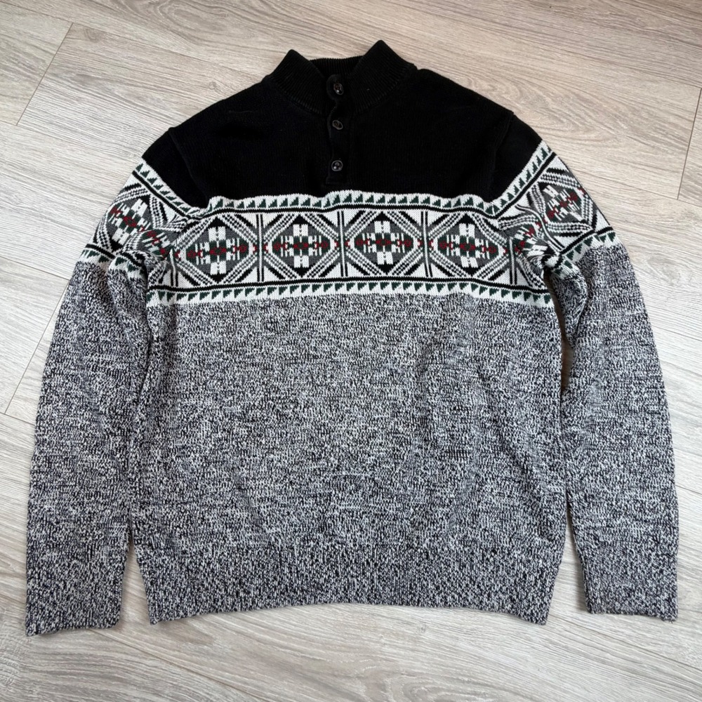 Chaps Mens Sweater Black White Geometric Fair Isle Mock Neck Button Sz L Grandpa